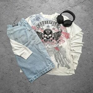 Southpole Mens XL White Graphic T-Shirt Skull Wings American Flag Y2K Vintage